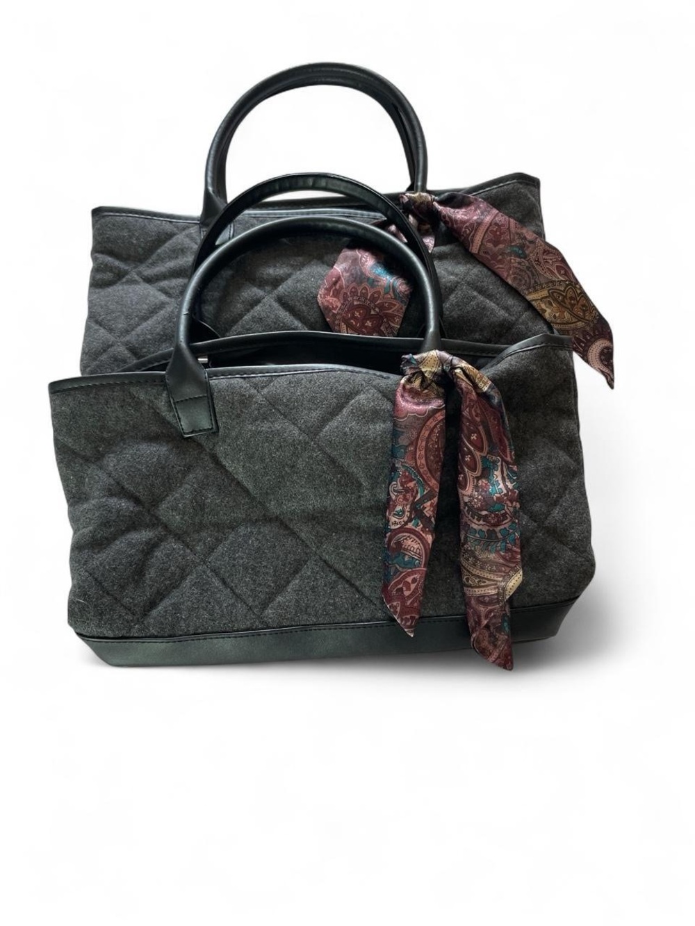 Quilted Gray Top-Handle Mini Totes with Paisley Scarf